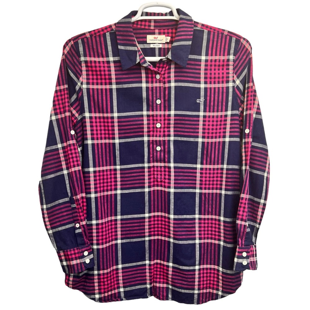 Vineyard Vines Womens Linen Top 14 Pink Blue Plaid Button Front Relaxed Fit Prep